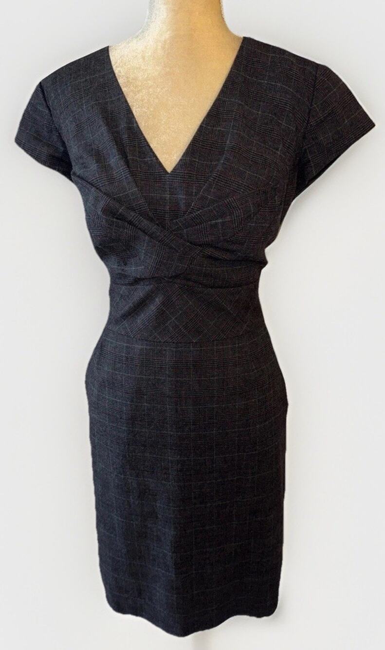 Classiques Entier Gray Plaid Wrap Front Wool Sheath Dress Size 10